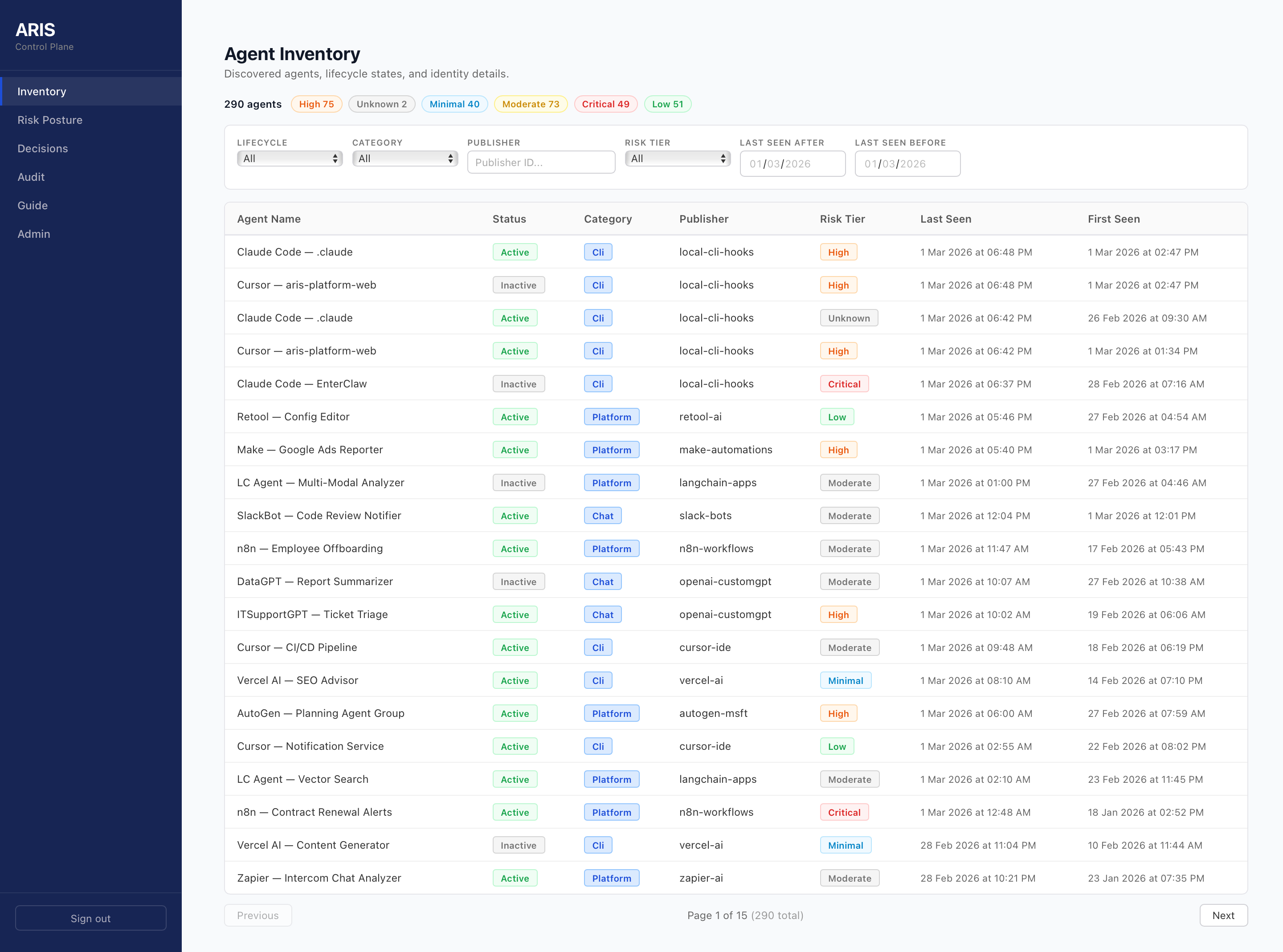 ARIS agent inventory dashboard showing discovered agents with risk scores